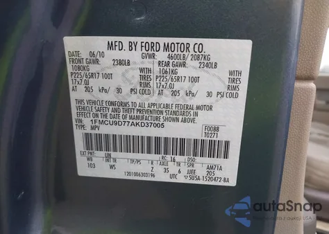 2010 Ford Escape Xlt z USA, uszkodzony, nr VIN 1FMCU9D77AKD37005